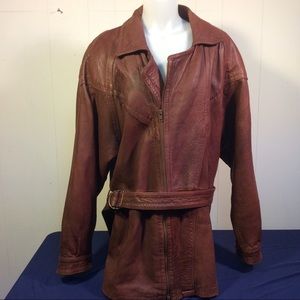 Brown leather trench style car coat size medium Midway leather
